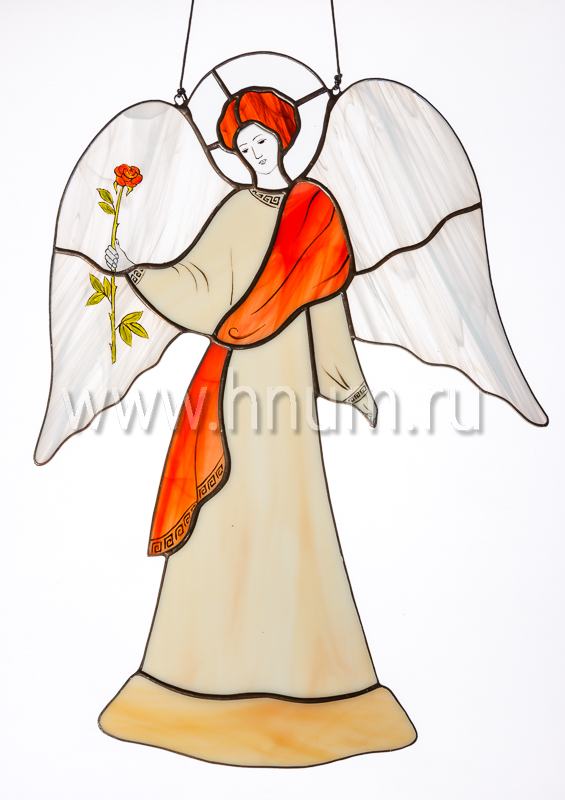 Ангел с розой большой тиффани витражный - на просвет и отражение